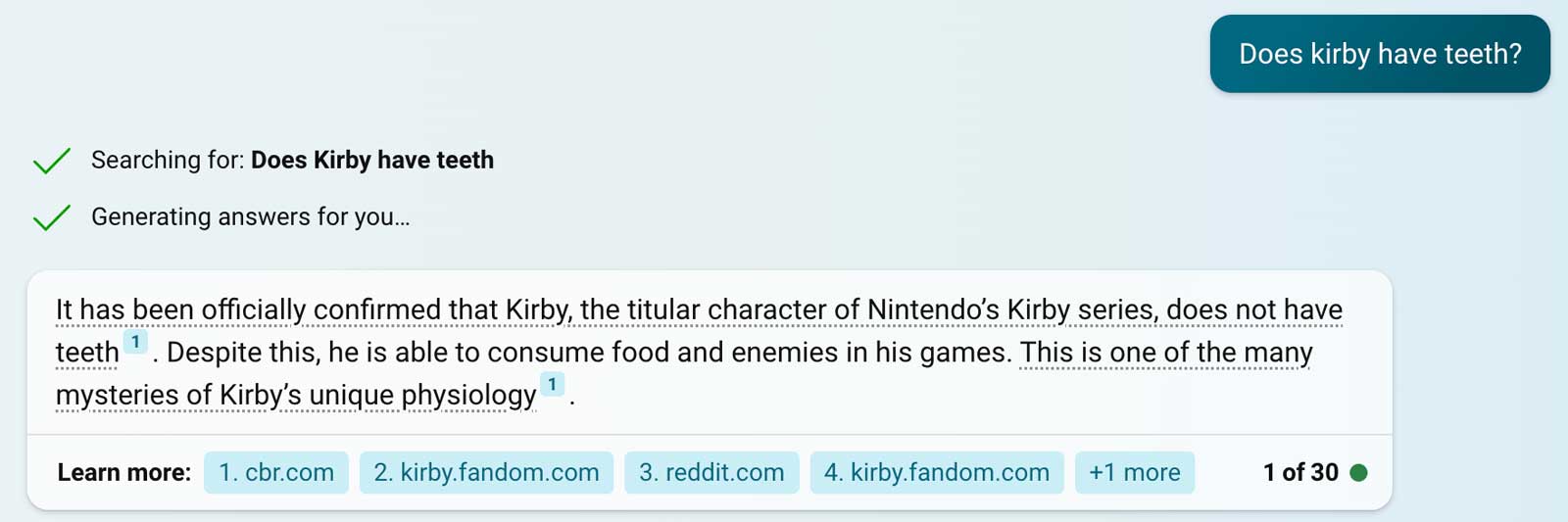 Bing Chat Question Does Kirby Have Teeth